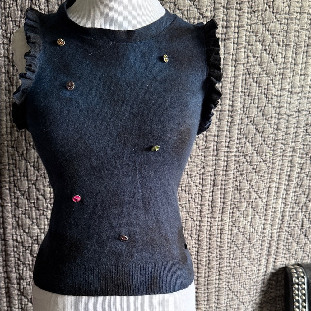 Chic Dark Blue and Black Ruffled 100%Cashmere Crop Top